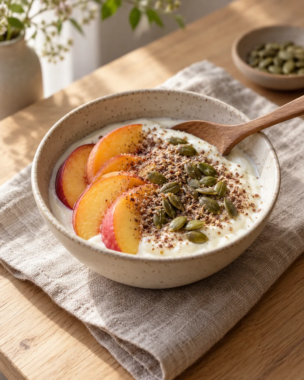 A bowl of yogurt topped with ground flax, pumpkin seeds and peach slices